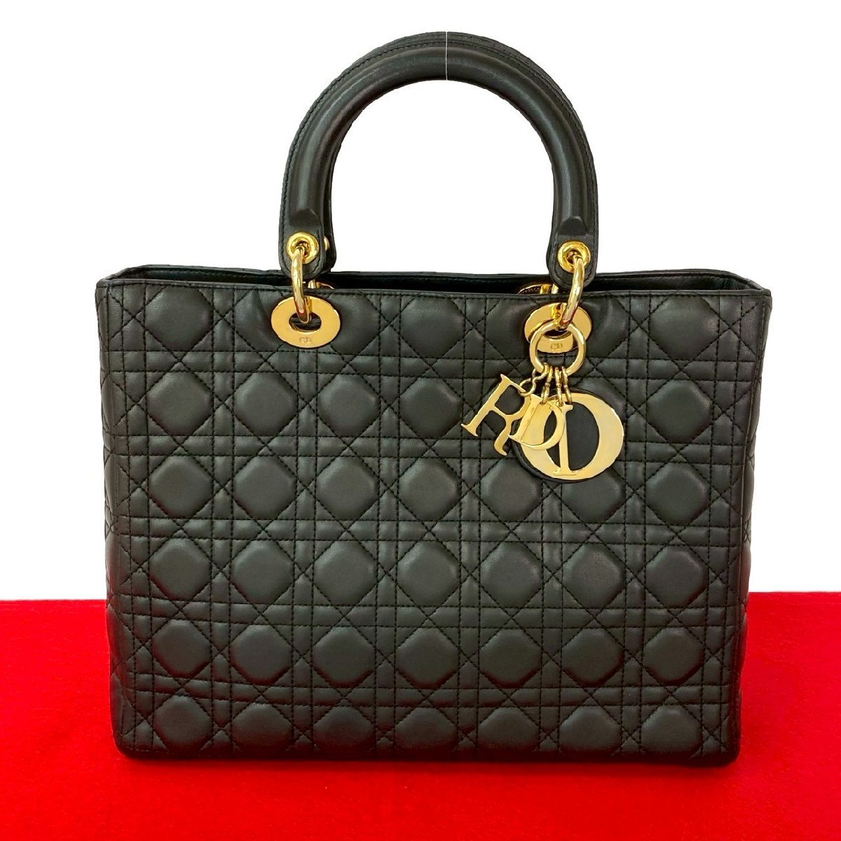 極 美品 Christian Dior ディオール レディディオール カナージュ レザー 本革 ハンドバッグ ミニ トートバッグ ブラック 黒 26969拍卖
