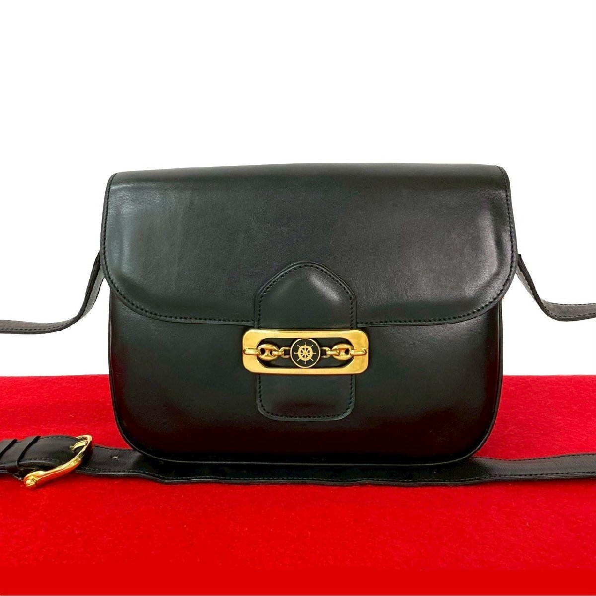 極 美品 CELINE セリーヌ ヴィンテージ ロゴ 金具 カーフ レザー 本革 ショルダーバッグ ポシェット サコッシュ ブラック 黒 00656拍卖