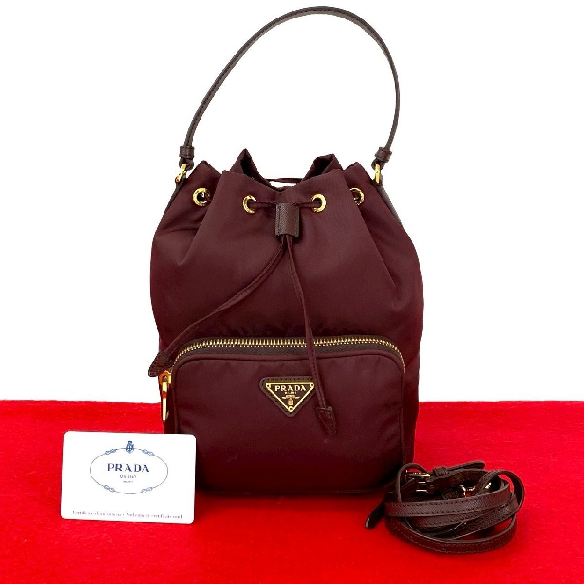 極 美品 PRADA プラダ デュエット 三角ロゴ 金具 ナイロン サフィアーノ レザー 2way ハンドバッグ ショルダーバッグ ボルドー 70674拍卖