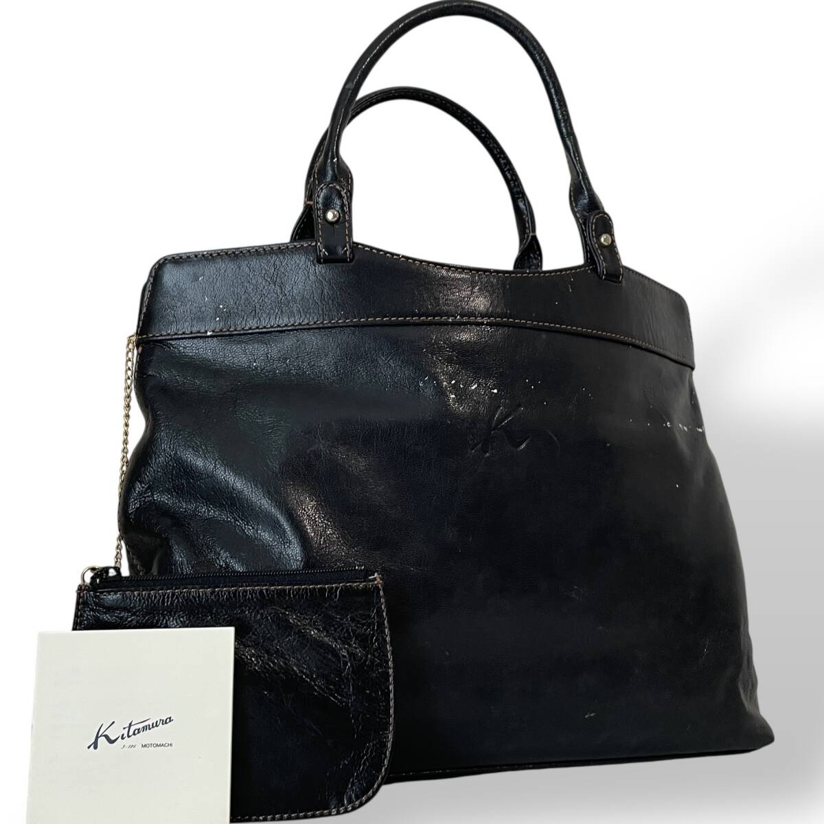 1円【入手困難品 ポーチ付き】KITAMURA キタムラ オールレザー ロゴ ネイビー ステッチ ハンドバッグ トートバッグ 腕掛け レディース拍卖