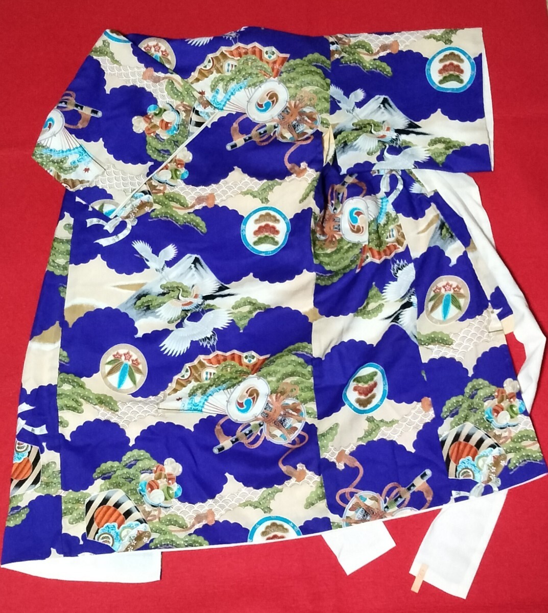 送料920円 男児着物 襦袢付き 男の子 子供 鶴 扇子 太鼓 松竹梅 和装拍卖