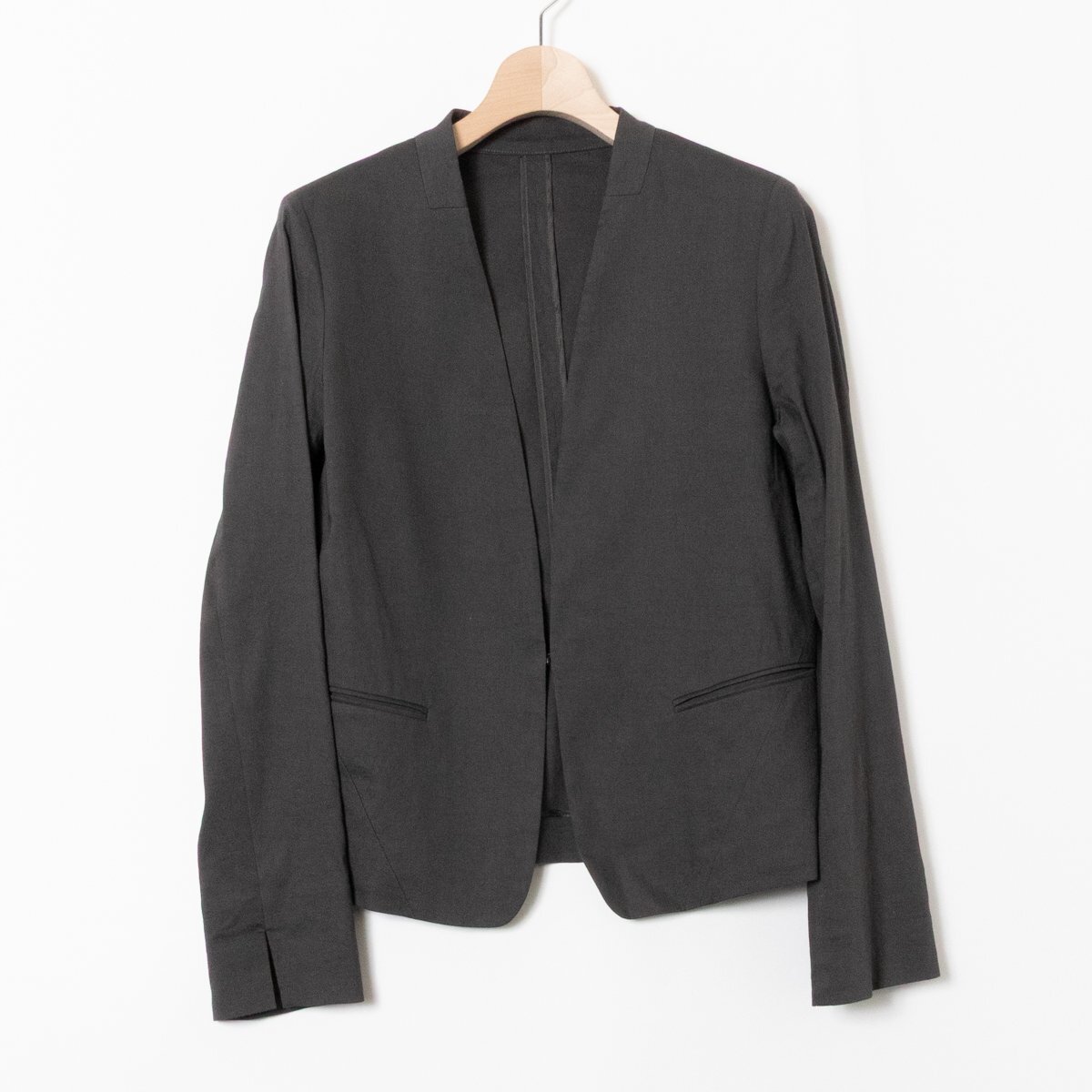 INED イネド ノーカラー テーラード ジャケット ブレザー グレー 13T レディース 婦人 トップス アウター リネン 麻 レーヨン 無地 1ホック拍卖