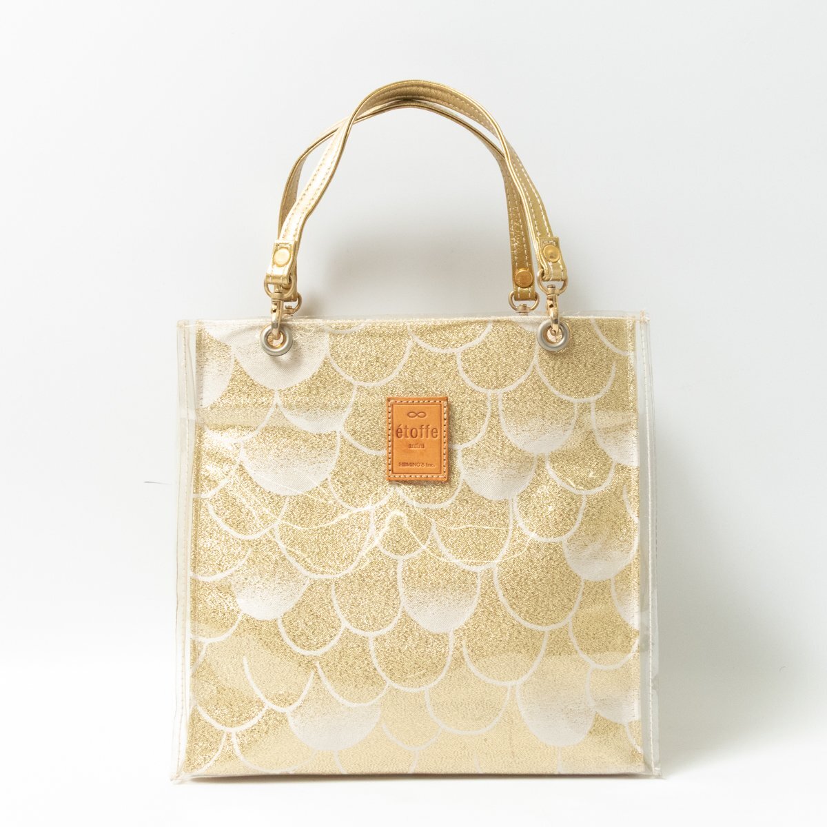 etoffe infini エトフアンフィニ ミニトートバッグ ハンドバッグ 手提げ ゴールド ホワイト ビニール ラメ生地 かぶせフタ オープントップ拍卖