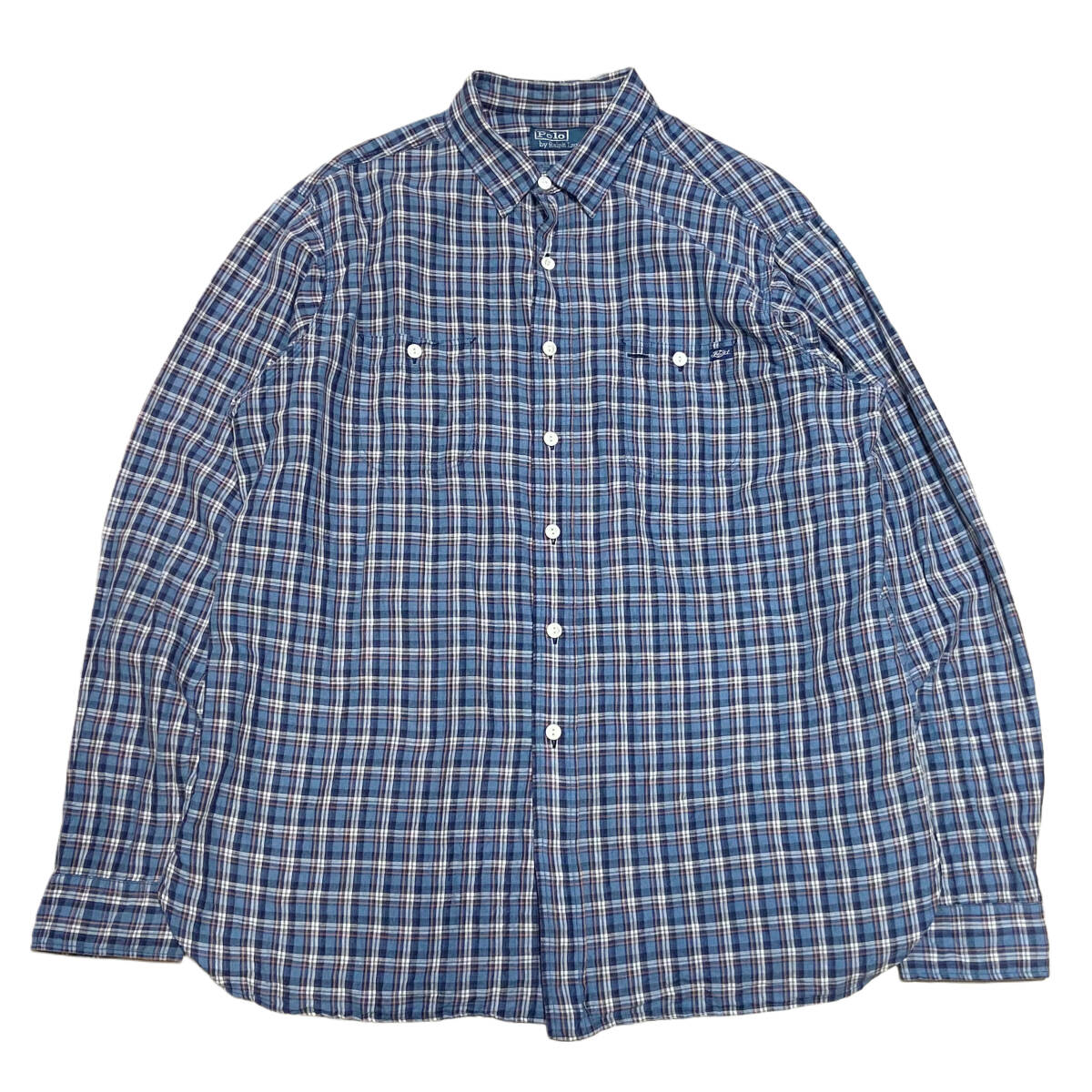 希少 マチ付き 猫目ボタン【2000s ビンテージ オールド POLO RALPH LAUREN リネン ワークシャツ】アメリカ USA ポロラルフローレン拍卖