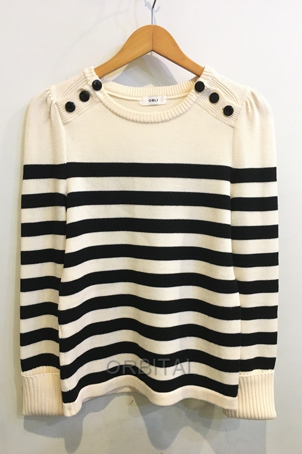 二子玉) OBLI オブリ ボーダーニット 定価28050円 OT72 毛 クルーネック セーター ホワイト ブラック 白 黒 レディース F拍卖