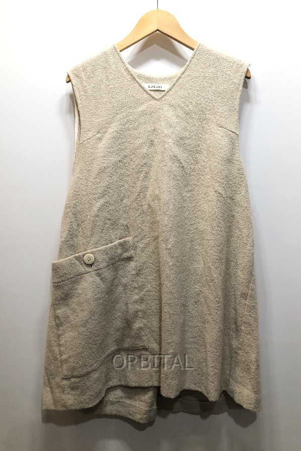 経堂) ススリ SUSURI リネン ウール混 Vネック ベスト チュニック ワンピース サイズ1 ベージュ レディース 20-153拍卖