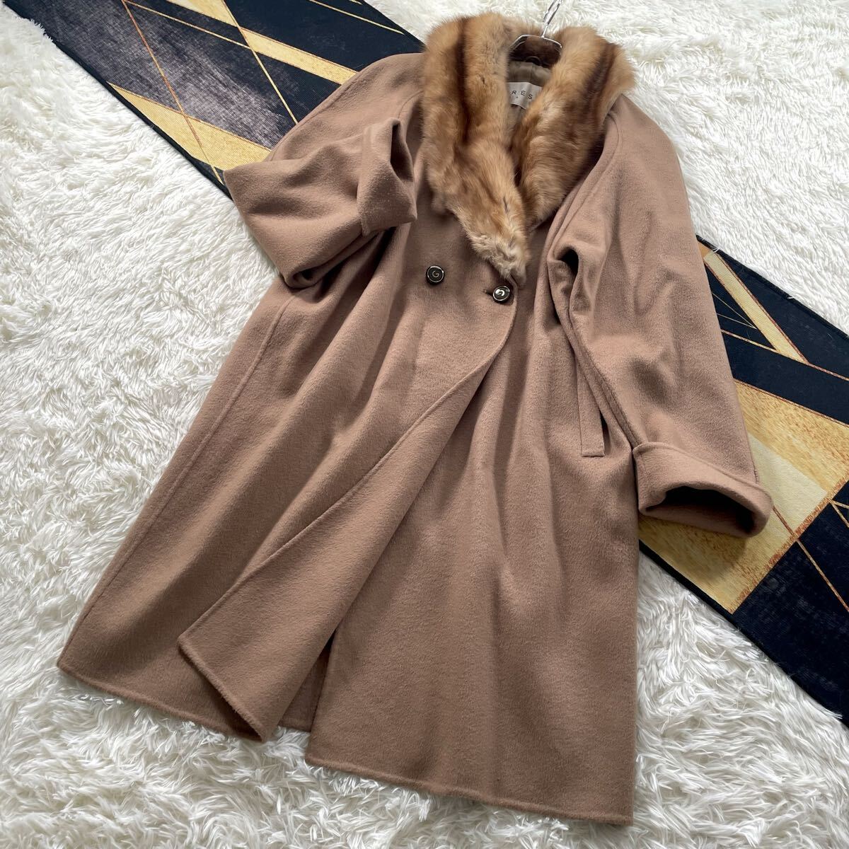 総丈109/ゴールデンセーブル GRES/グレ cashmere/カシミヤ 軽量 毛皮 ロング コート 貂 sable XL キャメル トレンチコート 襟取り外し可能拍卖