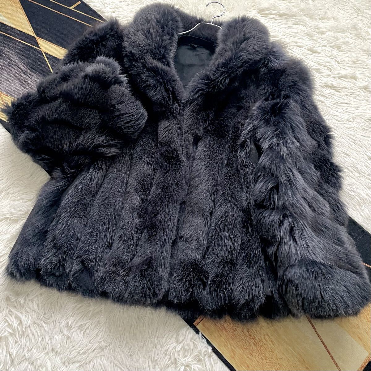 肉厚◎/総丈74 染め/カラーフォックス/サガ/SAGA FOX ネイビー/紺 ファーコート リアルファー 毛皮 XL 毛並みツヤツヤ◎ ボリューム◎ 狐拍卖