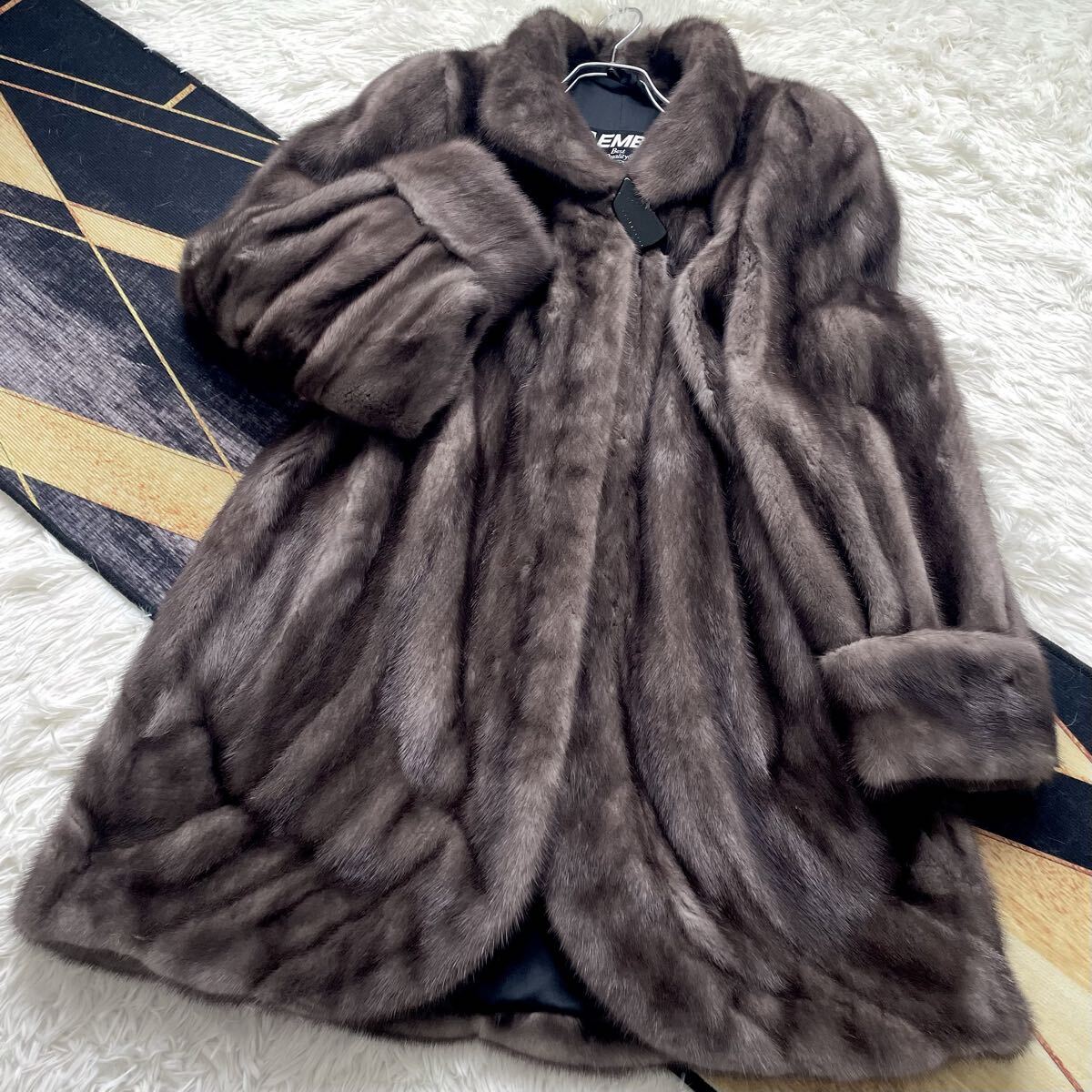 総丈90/紋様レアデザイン ブルーアイリスミンク/MINK ロールアップ セミロング ファーコート リアルファー 毛皮 XL 貂 なめし柔らか 艶々◎拍卖