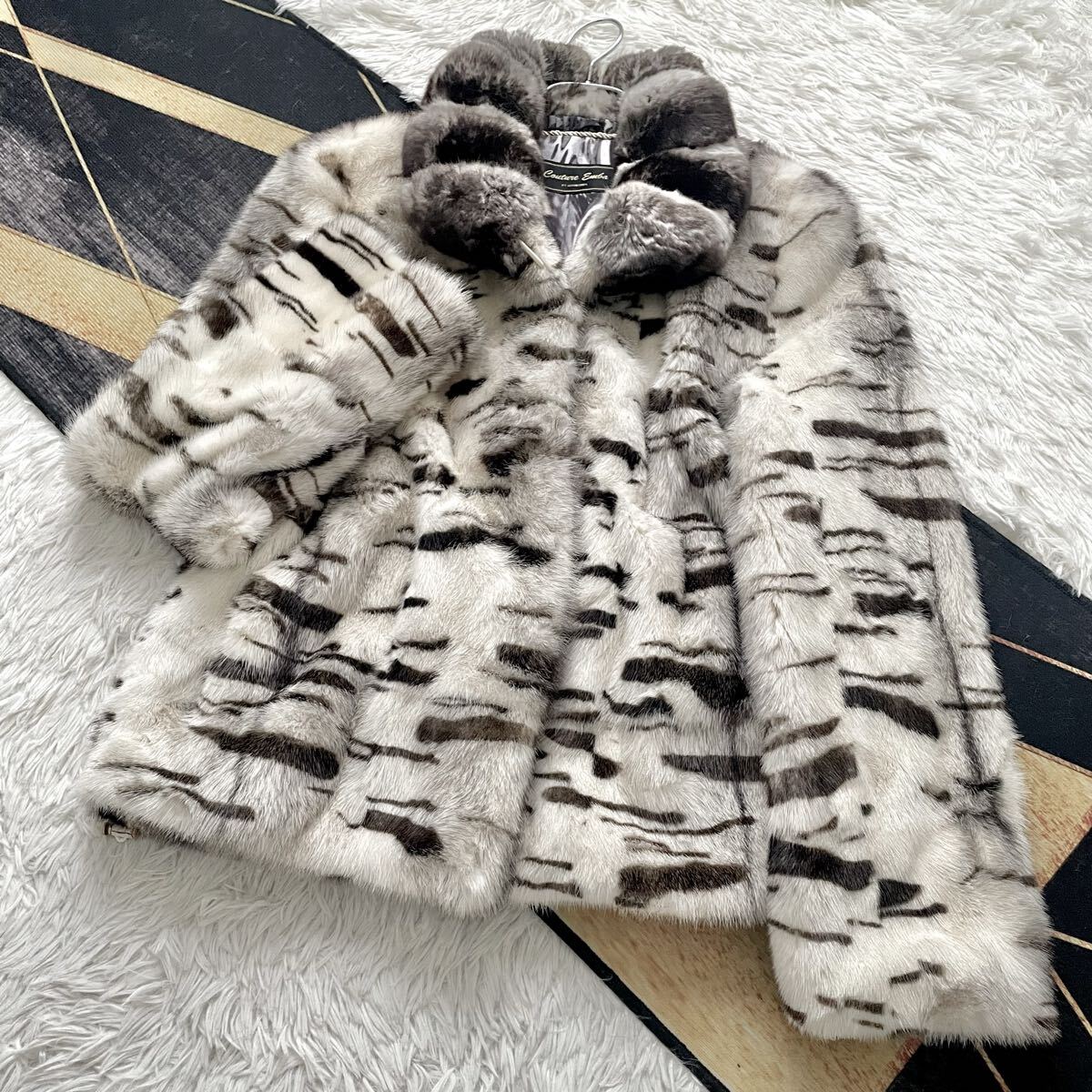 希少デザイン/近年人気 チンチラ/ミンク ドロスト MINK ショート/クロップド ファーコート 軽量/毛皮 L なめし柔らか/毛並み艶 EMBA/エンバ拍卖