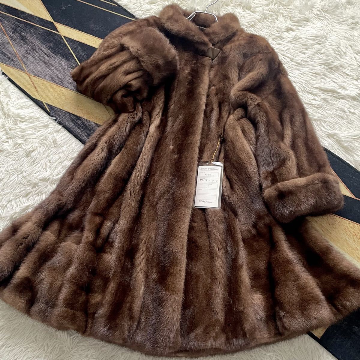 裾周り230/激レアデザイン タグ付き◎ デミバフミンク/mink フレア/Aライン◎ ロング ファーコート リアルファー 毛皮 L 貂 ロールアップ◎拍卖