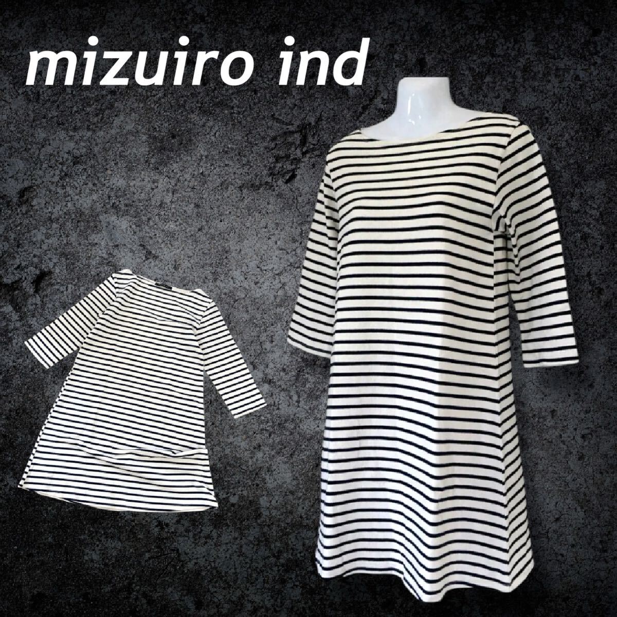 mizuiro ind ミズイロインド レディース 7分袖 ワンピース One カットソー 長袖 膝丈 綿 日本製 ボーダー ネイビー×ホワイト系 (H17)★拍卖