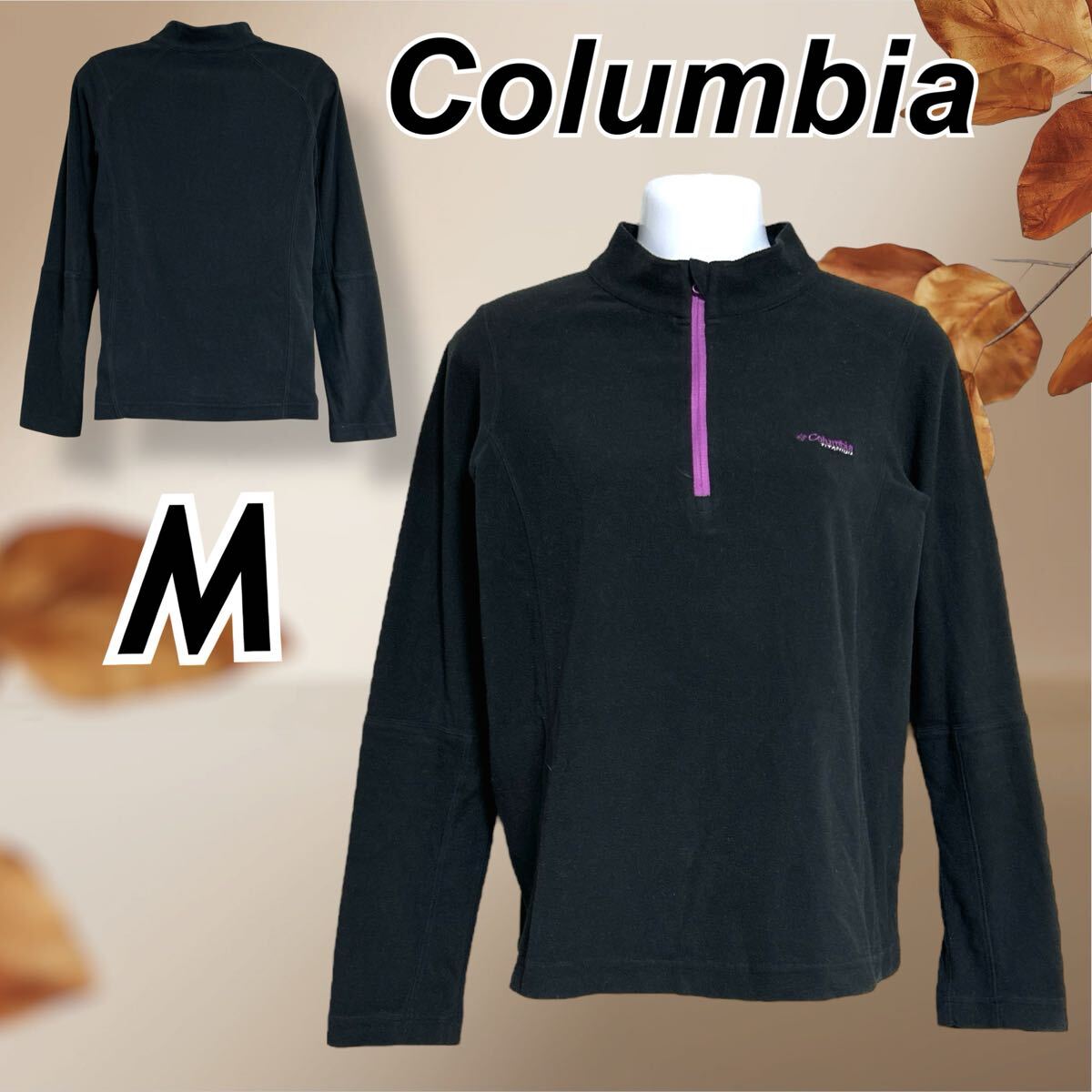 ★Columbia コロンビア レディース 長袖カットソー M フリース ハーフジップ 210 PL2292 タイタニウム 刺繍ロゴ プラック系(T76)拍卖