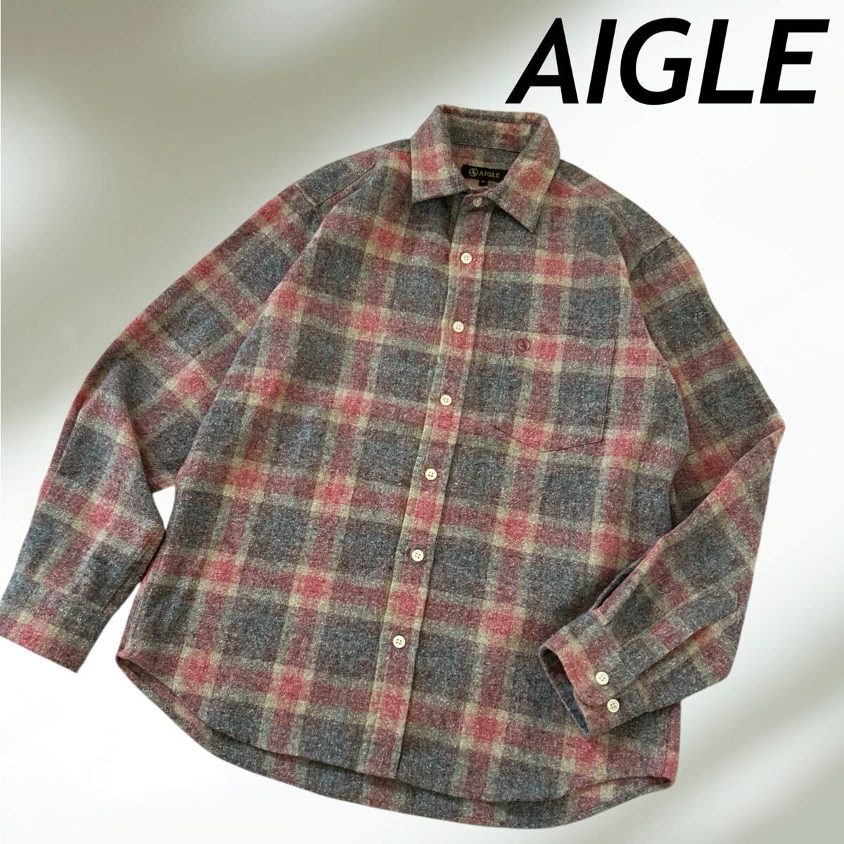 AIGLE エーグル メンズ ネルシャツ S (大きめ) 長袖シャツ 8501-77104 アウトドア チェク柄 マルチカラー系 (U3)★拍卖