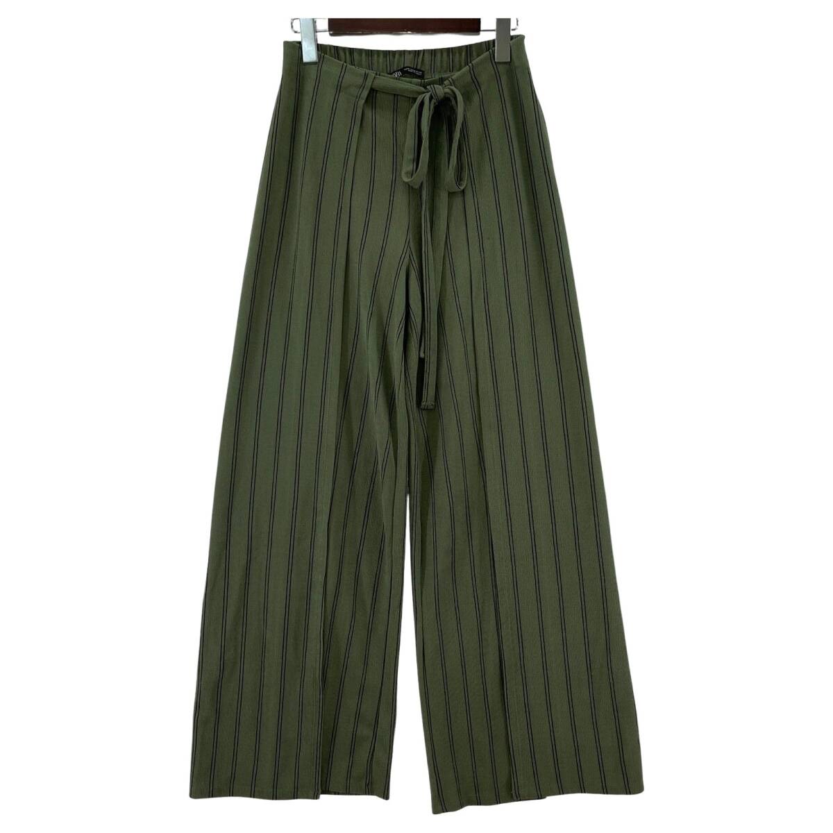 ZARA ザラ ボーダー ラップ風 パンツ sizeEUR M/アッシュグリーン系×ブラック拍卖