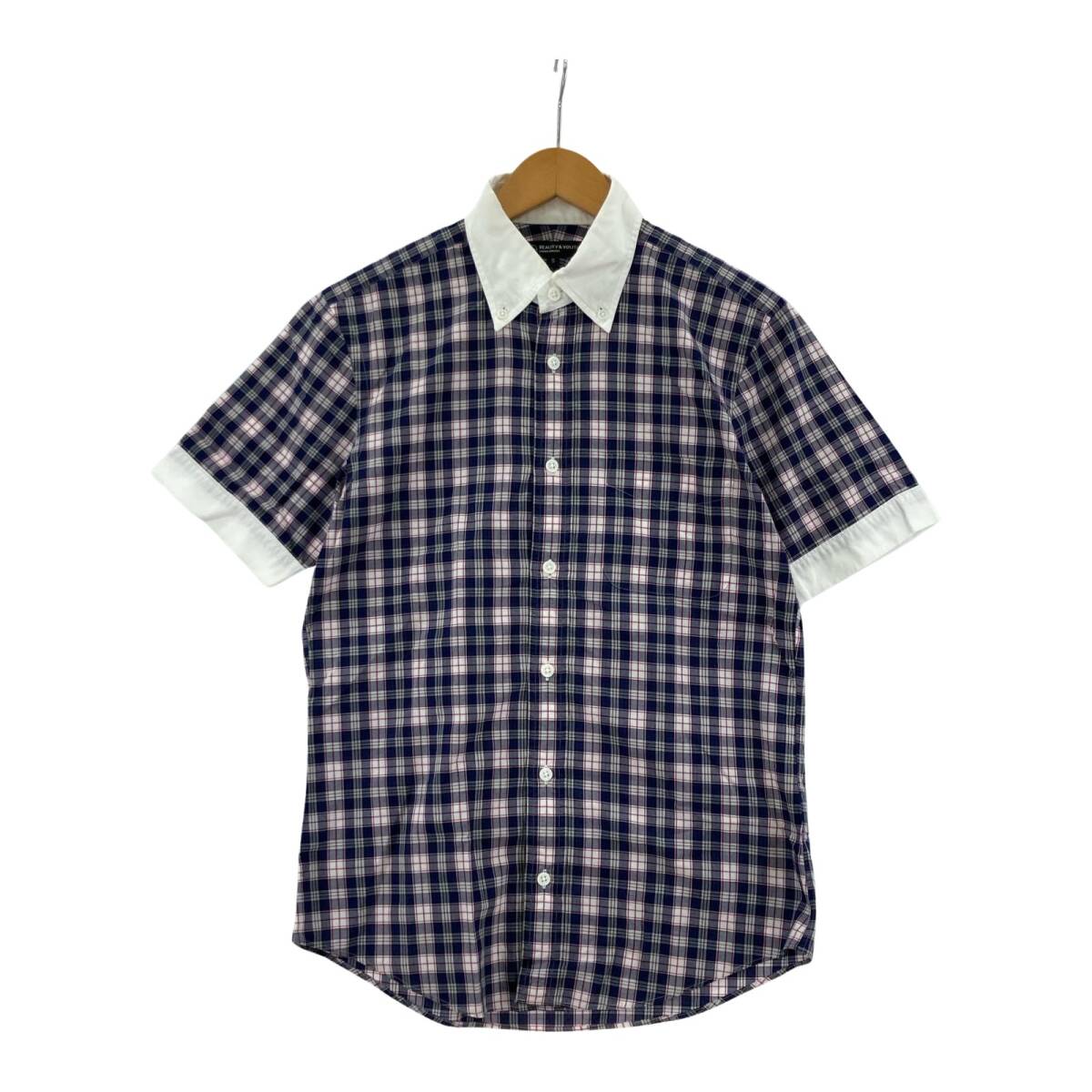 BEAUTY & YOUTH ビューティ&ユース ユナイテッドアローズ チェック 半袖シャツ sizeS/ネイビー×ピンク ゆうパケットOK拍卖