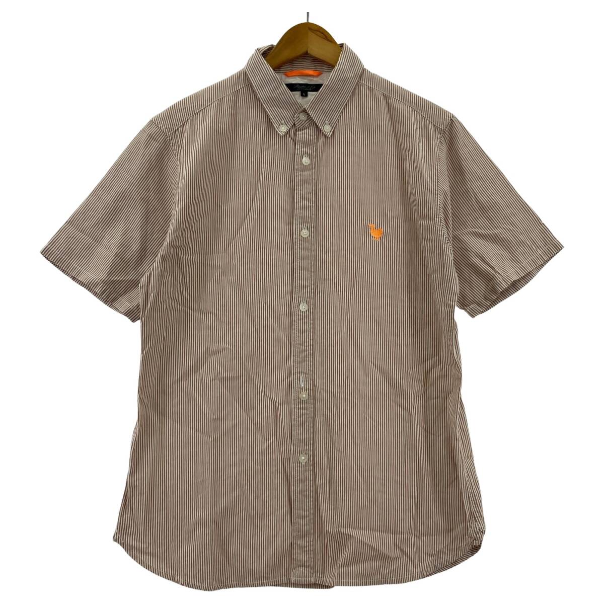 Rhythm of Life リズムオブライフ ワンポイント刺 ストライプ ボタンダウン 半袖シャツ sizeL/ブラウン×ホワイト ゆうパケットOK拍卖