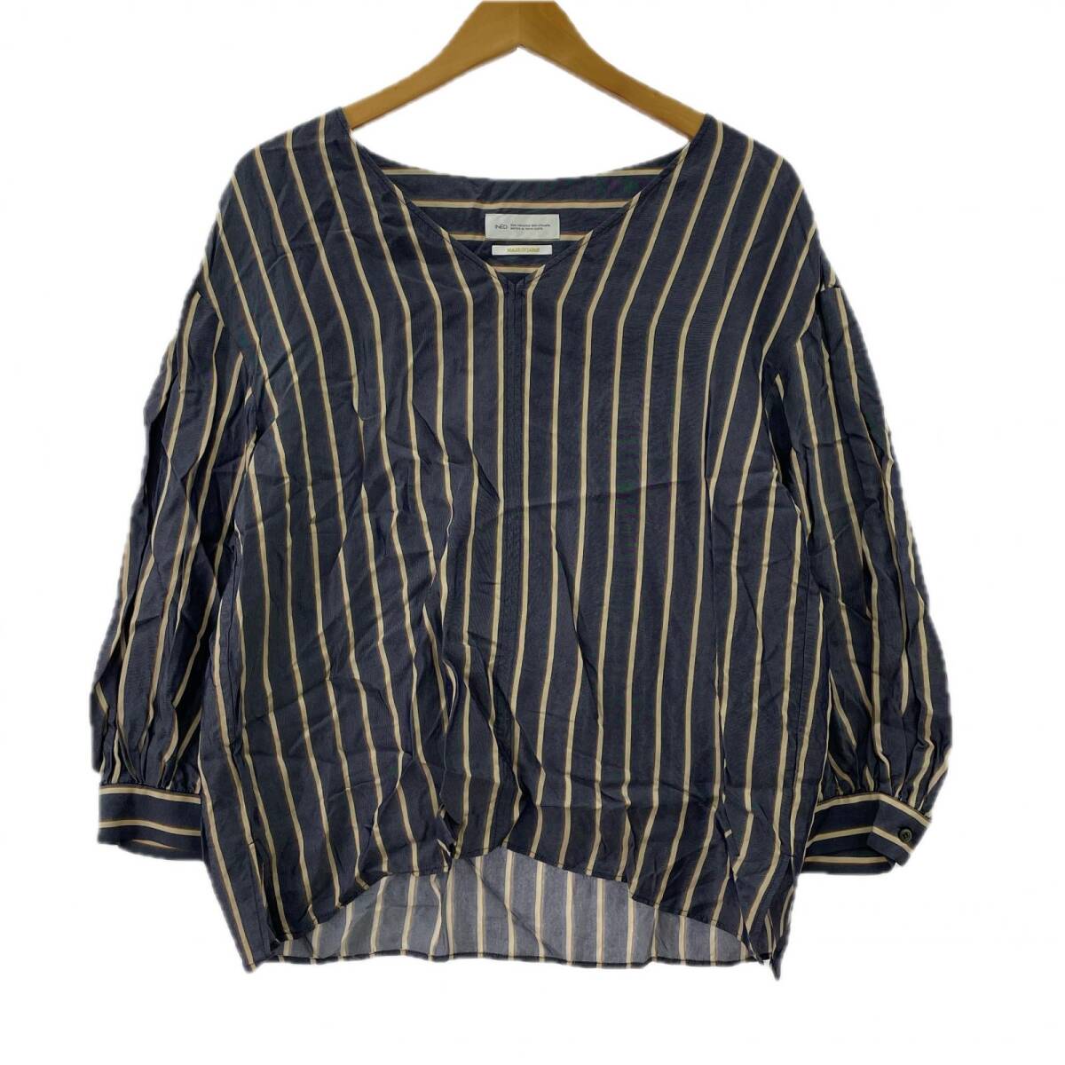 INED イネド ストライプ Vネック ブラウス size9/ネイビー×ベージュ ゆうパケットOK拍卖