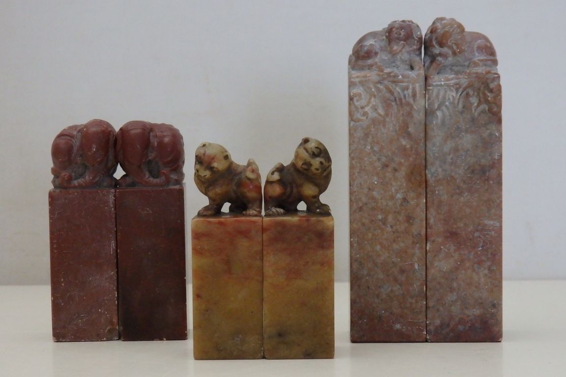 古印材 3組6点 神獸 遊印 中国美術 篆刻 書道 印鑑 /検・ 鶏血石 寿山石 田黄石 青田石 落款印 石印材 天然石 玉石 文房四寶拍卖