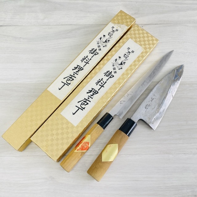包丁 登録 万哲 お料理包丁 2本セット 【中古】 出刃包丁 刺身包丁 刃渡り 18cm 21.5cm 調理器具/514017拍卖