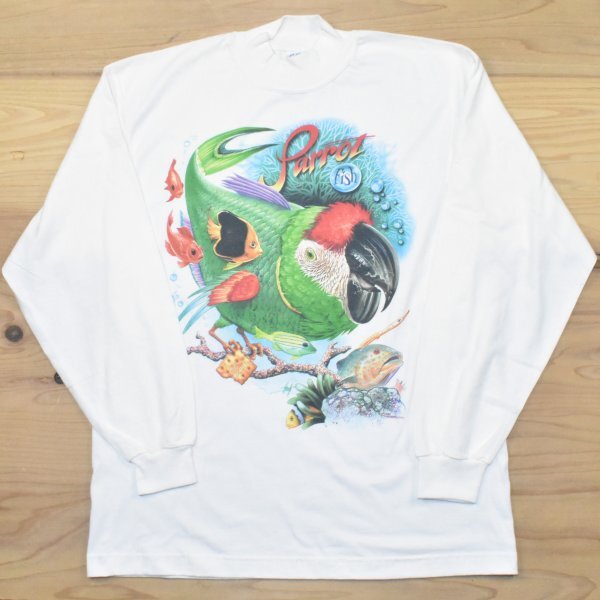 90s デッドストック Caribbean Soul ビンテージ モックネック 長袖Tシャツ sizeL 白 ロンT 90年代 USA製 古着 アニマル ビッグ アメリカ拍卖