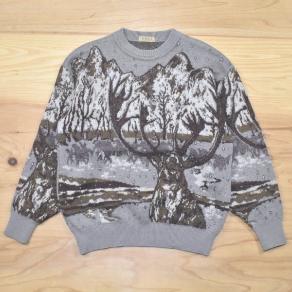 80s90s VIS A VAS ビンテージ モヘア混 鹿柄 セーター sizeM相当 総柄 アニマル ビサビ レトロ ニット 80年代 90年代 古着 動物 ウール混拍卖