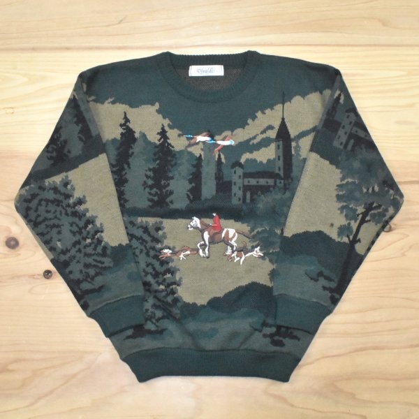 呂布カルマ着用 80s90s Vivaldi ビンテージ 刺繍 セーター sizeM 総柄 アニマル レトロ ニット ラッパー HIPHOP 80年代 90年代 古着 ウール拍卖