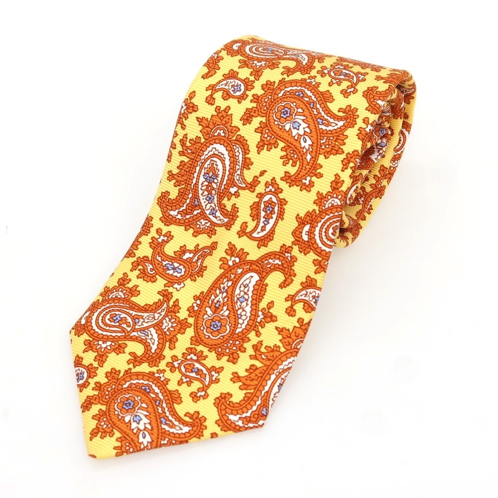 【中古】ルイジ ボレッリ Luigi Borrelli シルク ペイズリー柄ネクタイ イエローxオレンジ拍卖