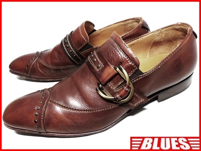 即決★イタリア製 SCUDIERO★25cm レザーモンクストラップシューズ スクディエロ メンズ 40 茶 ブラウン 本革 スタッズ 本皮 ヒール 革靴拍卖