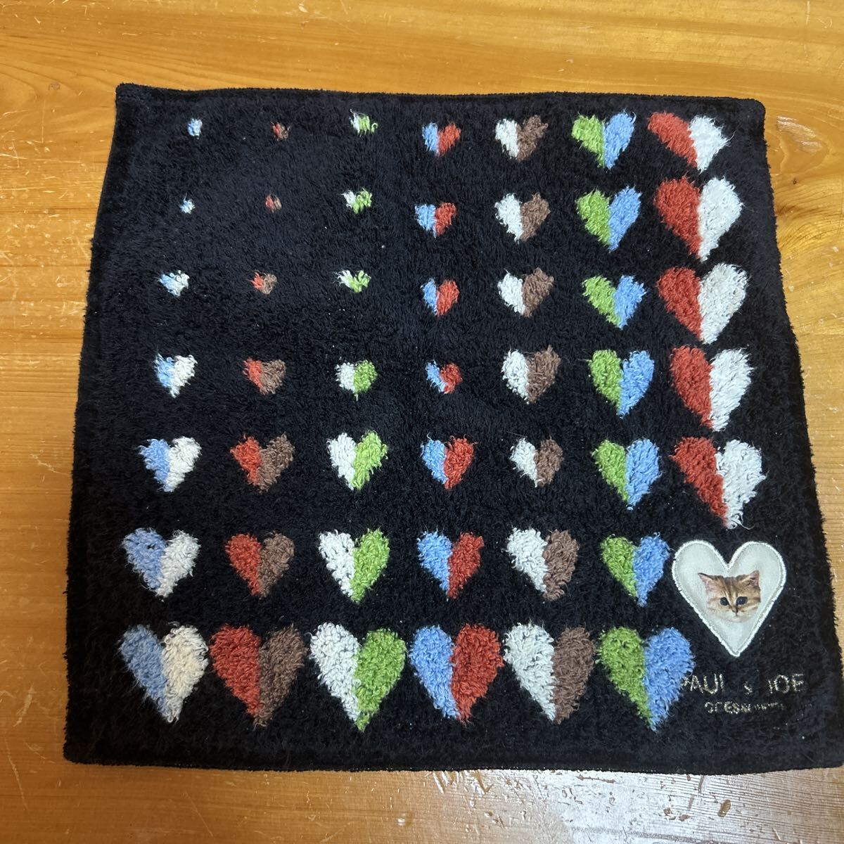 PAUL & JOE ACCESSOIRES タオル ハンカチ ハート柄 猫 サイズ縦23cm 横24cm 中古品 送料無料拍卖