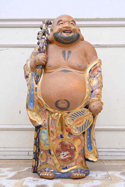 G054 希少 特大 大型サイズ 重い 九谷焼 金彩色絵布袋像置物 高90cm 重さ約28kg 縁起物 オブジェ拍卖