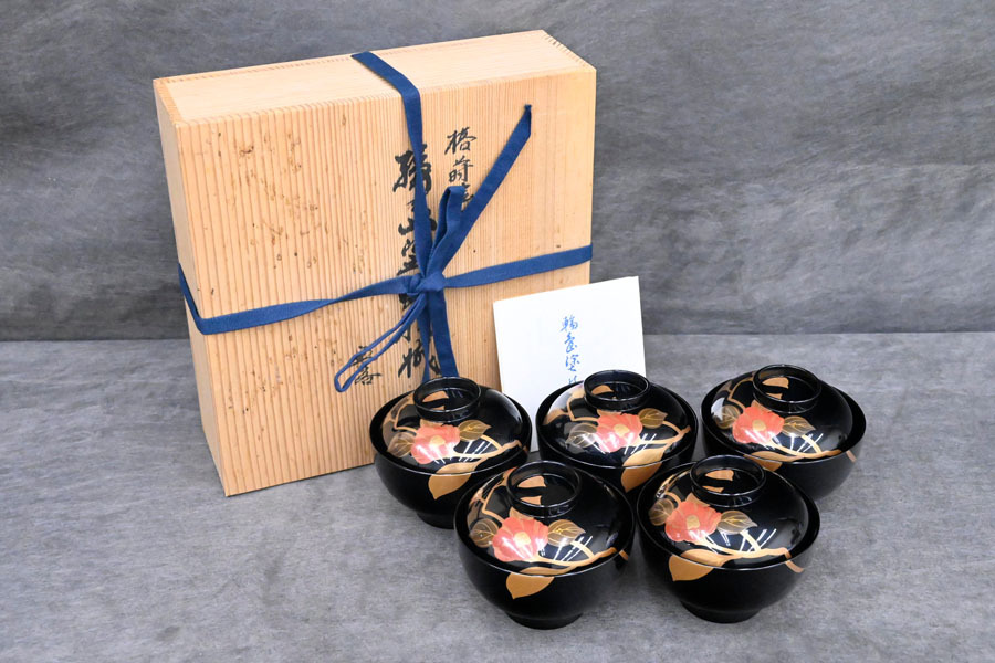 IF352 美品 輪島塗 木製 漆器 蒔絵 お椀 吸物椀 汁椀 5客 共箱拍卖