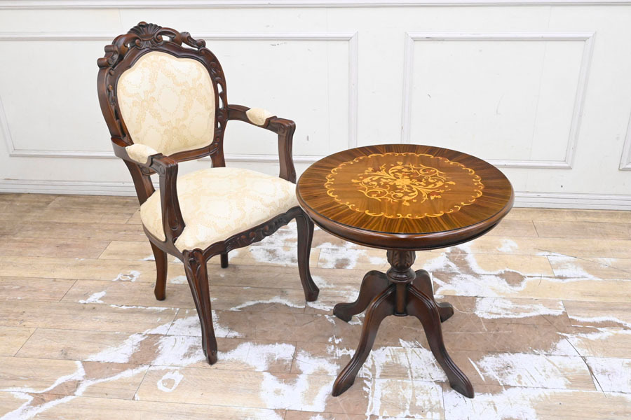 FG28 イタリアンスタイル クラシック ロココ調 見事な彫刻 本象嵌 カフェテーブル 飾り台 置台 椅子 チェア 2点セット拍卖