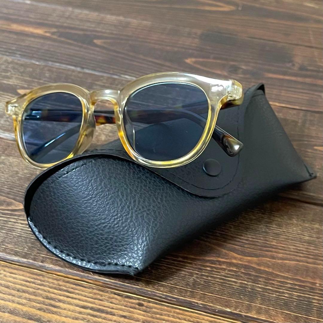 サングラス ウェリントン ケース 付き ブルーレンズ カラーレンズ べっ甲 ヴィンテージ アンティーク レトロ オシャレ UV レイバン 人気拍卖