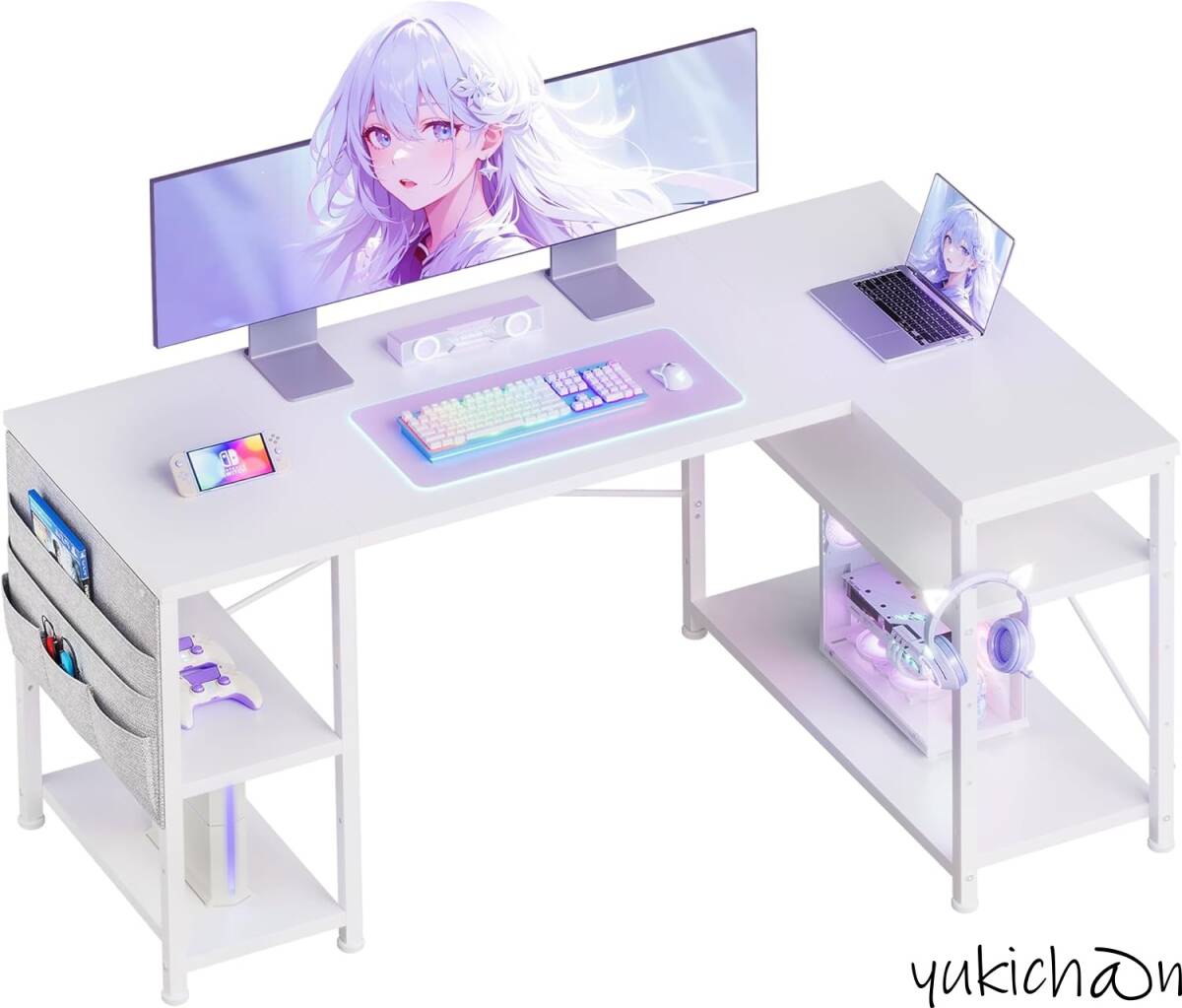 ゲーミングデスク l字デスク机 pcデスクホワイト 130cm パソコンデスク 左右入替可棚 板高さ調節可能 オフィスデスク ワークデスク拍卖