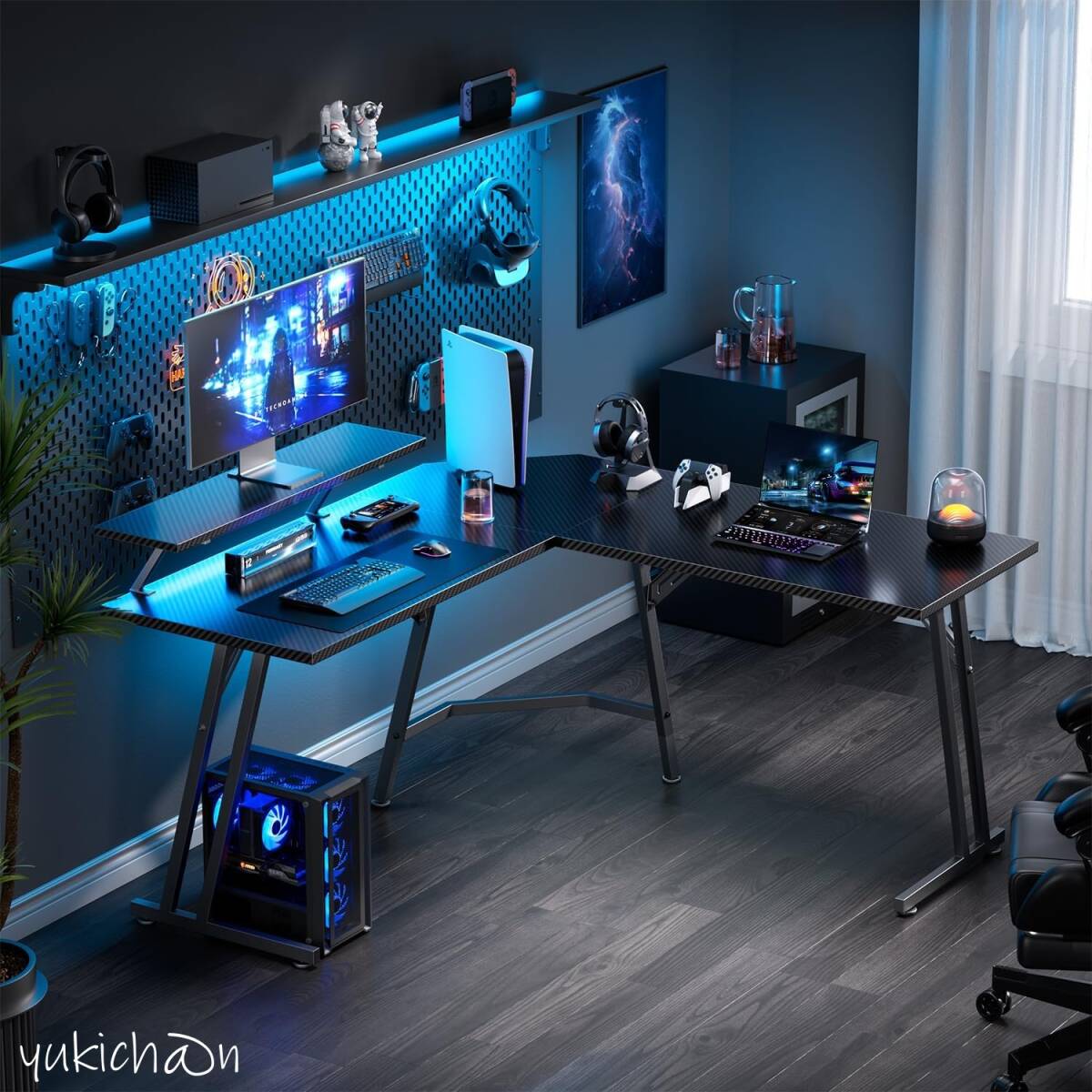 L字デスク ゲーミングデスク ブラック 幅130×奥行130×高さ74cm モニタースタンド付き 組み立て簡単 作業机 ホームオフィス 省スペース拍卖