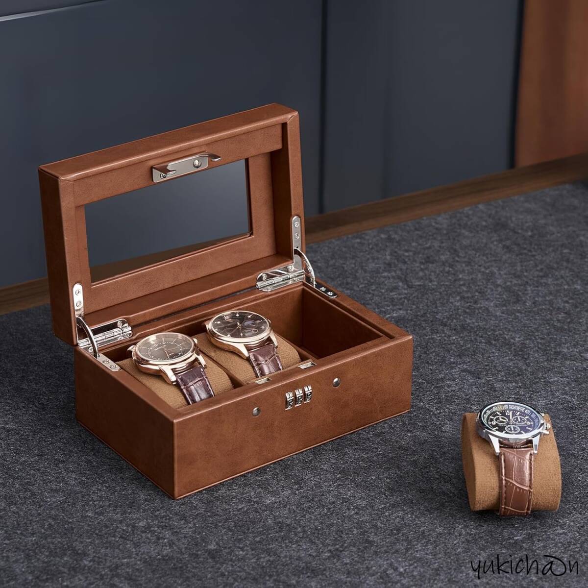 腕時計ケース ウォッチボックス ディスプレイ収納ケースブラウン 3本 男性用 パスワードロック付き 時計オーガナイザー ガラス天板 拍卖