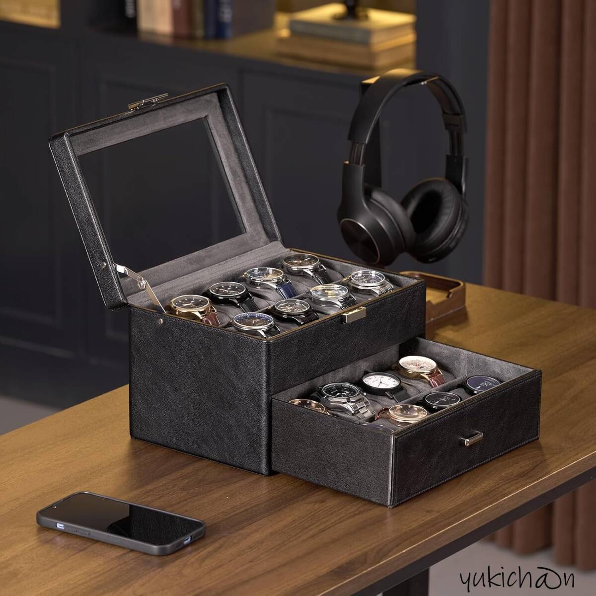 腕時計ケース ウオッチボックス PU製 ブラック 16本 2段式 男女兼用 収納ボックス アクセサリーケース アクセサリー 収納 ディスプレイ拍卖