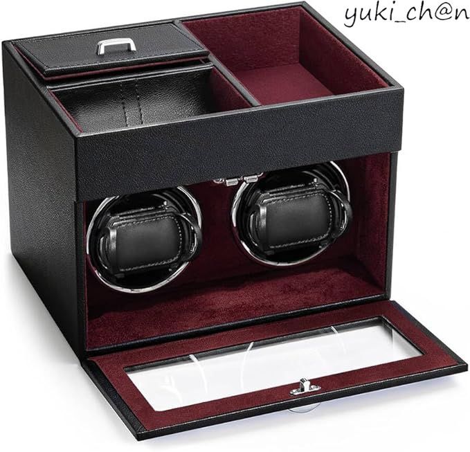 ワインディングマシーン 2本巻き ウォッチワインダー 自動巻き時計ワインディングマシーン マブチモーター ブラック+ワインレッドPDBR拍卖