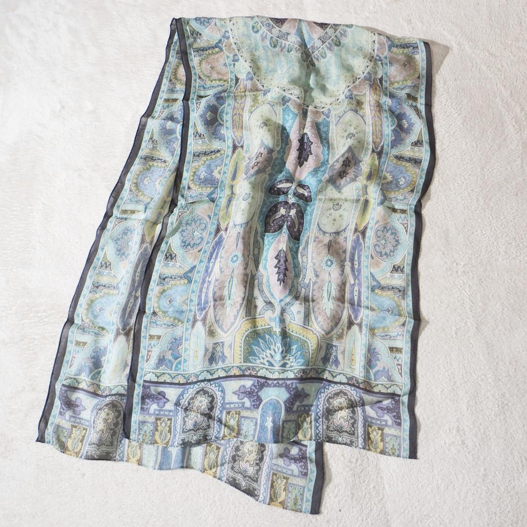 スカーフ ストール ショール 総柄 ブルー系 タグ無し拍卖