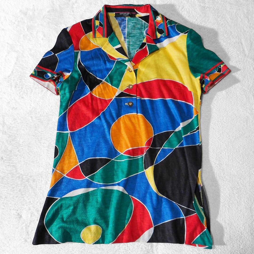 レオナール LEONARD リネン100% 麻 ポロシャツ 半袖 金ボタン 肩パッド付 レディースLサイズ 日本製拍卖