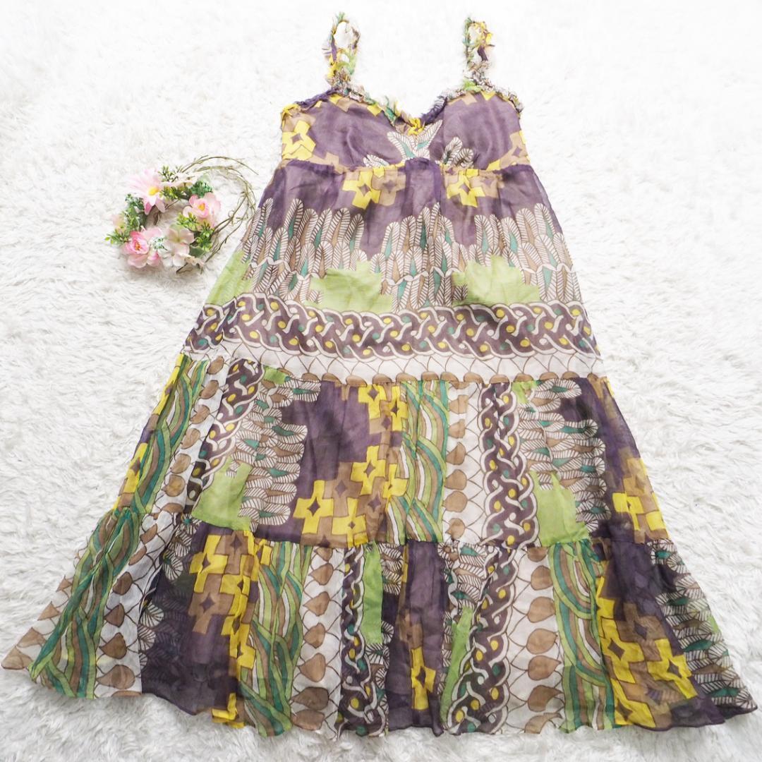 グレースクラス GRACE Class キャミワンピース シルク100%生地 総柄 フレアスカート ティアード レディース36サイズ拍卖