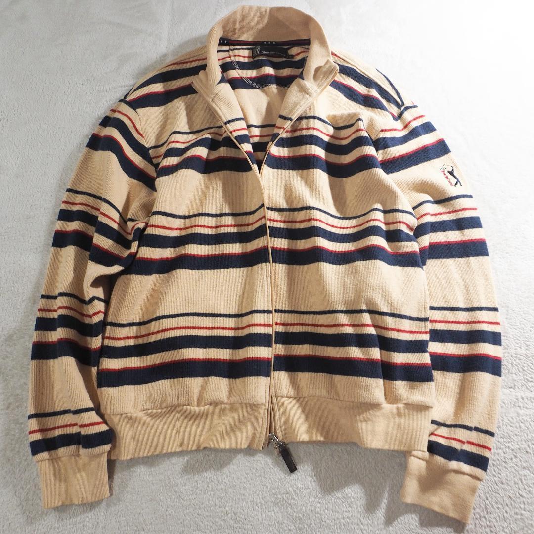 PGAツアー PGA TOUR ジップシャツ コットン100% ストライプ柄 キャメル 刺繍ロゴ メンズM相当拍卖