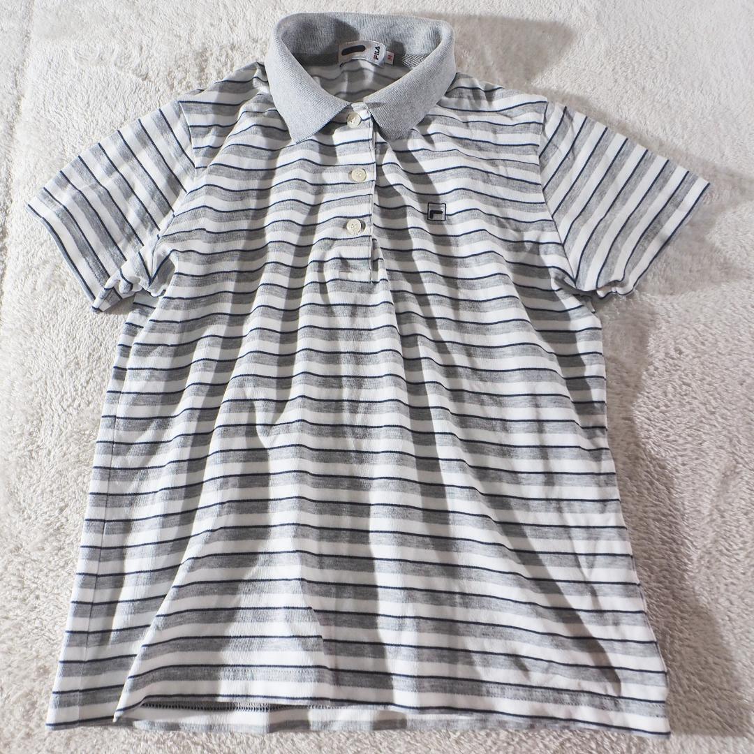 フィラ FILA ポロシャツ 半袖 ホワイト×グレー ボーダー レディース Mサイズ 拍卖