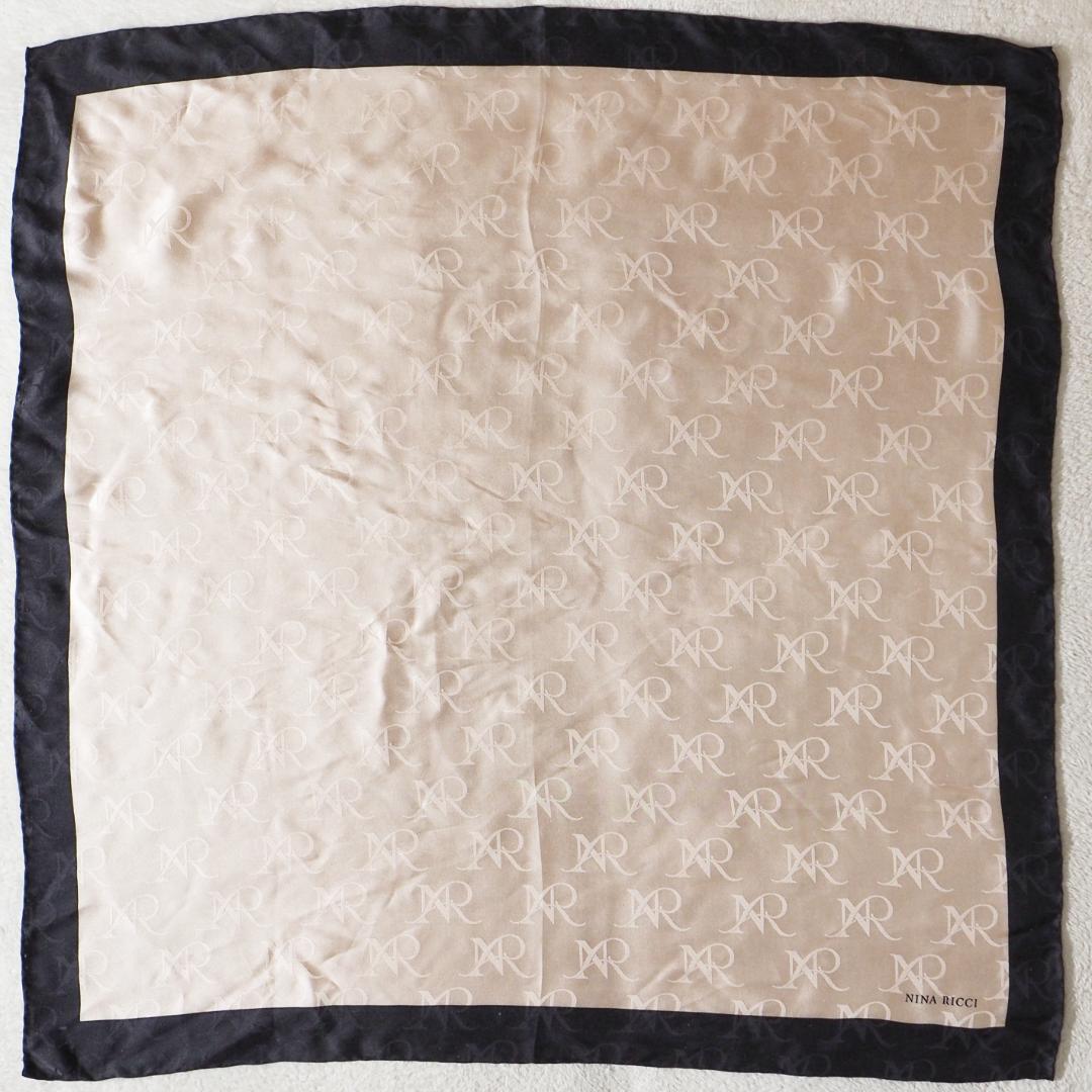 ニナリッチ NINA RICCI 高級シルク100% スカーフ 大判 ベージュ×ブラック 光沢感拍卖