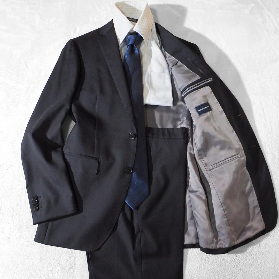スーツカンパニー THE SUIT COMPANY メンズスーツ セットアップ ジャケット パンツ 黒 ブラック ストレッチ生地 ウール メンズL相当拍卖