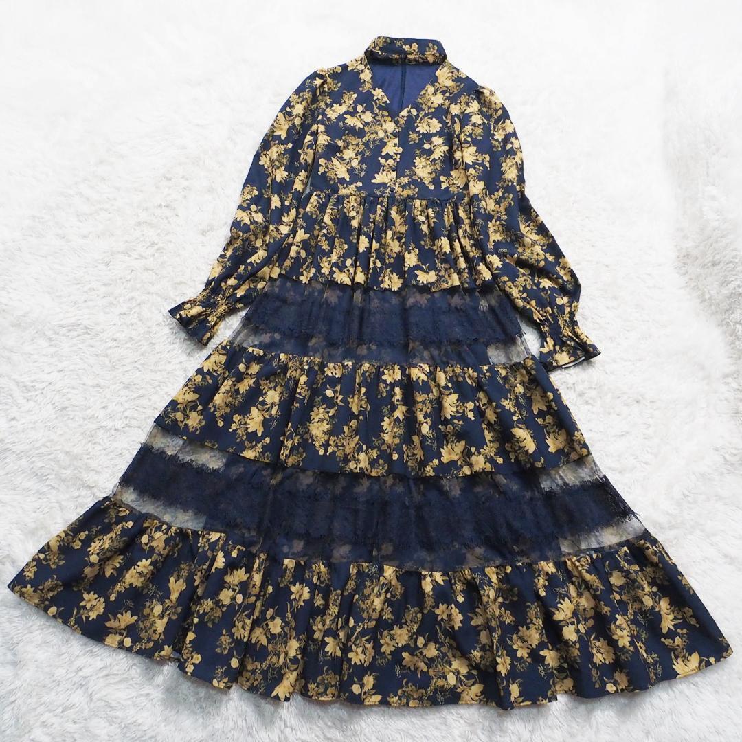 エイミーイストワール eimy istoire ティアードワンピース マキシ丈 フレアスカート 花柄 フラワープリント 総柄 ネイビー 拍卖