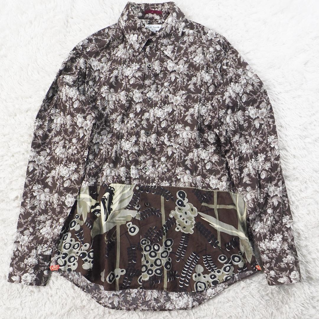 ポールスミス Paul Sumith 総柄シャツ ドレスシャツ  薔薇柄 ブラウン コットン100%生地  日本製 メンズMサイズ拍卖