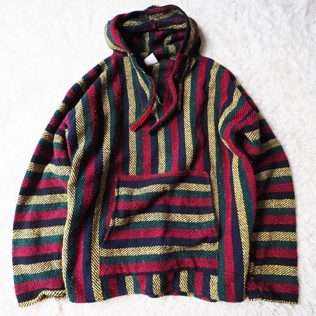 メキシコ製メキシカンパーカー ボーダーストライプ マルチカラー ビッグシルエット ニット アノラック プルオーバー メンズLサイズ拍卖