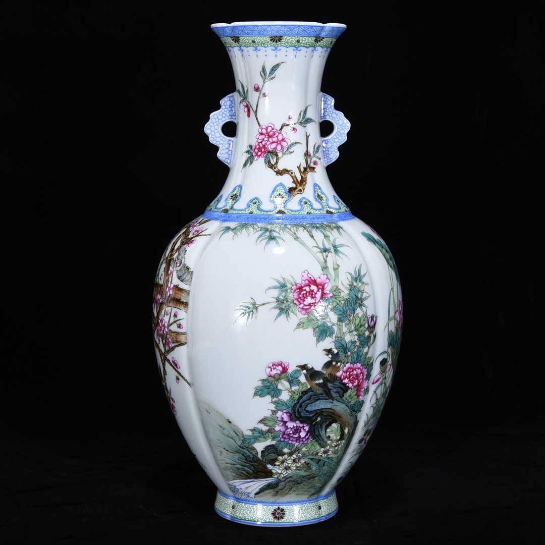 zz9|9851 中国磁器 陶芸 磁器『清雍正粉彩翠辺花鳥紋瓜稜双耳瓶』施釉陶 古代工芸品 陶芸 精美彫 置物 收藏品拍卖